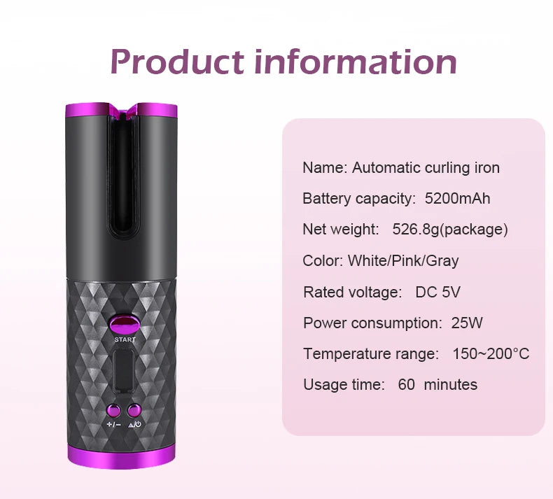 Fer à friser automatique sans fil Portable, 3 Options de couleur, chargeur USB,  Anti-brûlure pour le coiffage