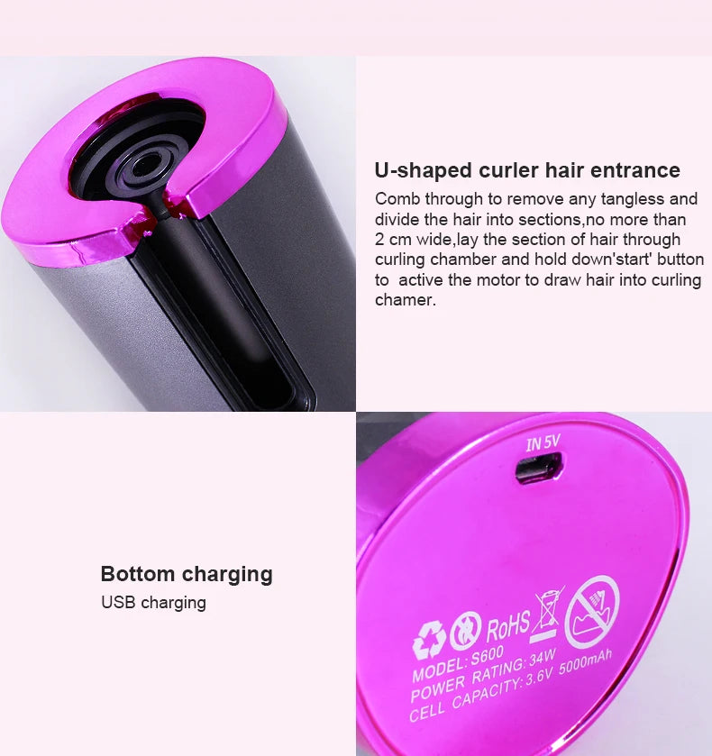 Fer à friser automatique sans fil Portable, 3 Options de couleur, chargeur USB,  Anti-brûlure pour le coiffage