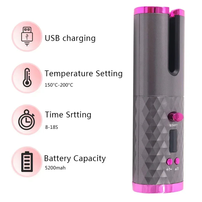 Fer à friser automatique sans fil Portable, 3 Options de couleur, chargeur USB,  Anti-brûlure pour le coiffage